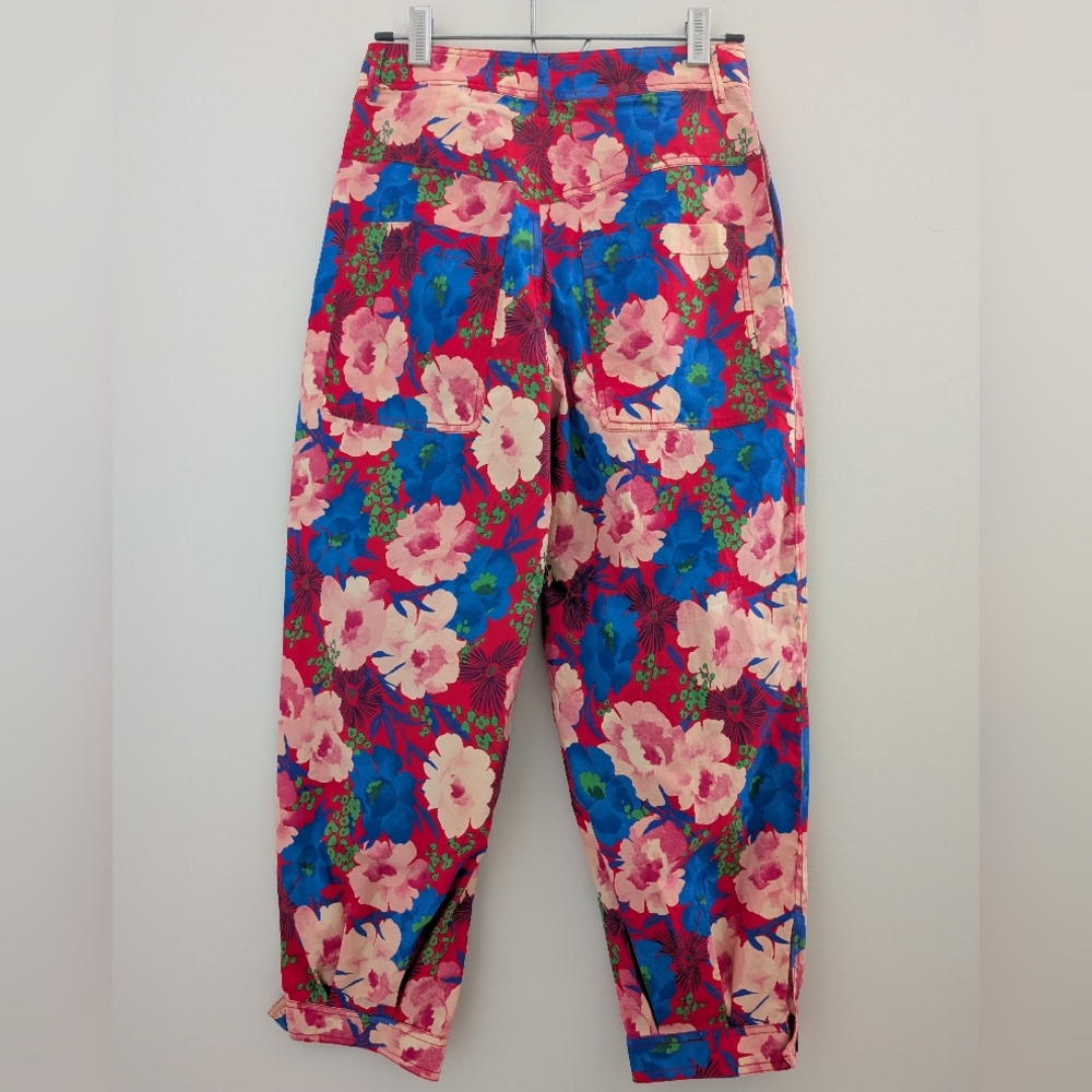 ZARA Bold Floral Cropped Cargo Ankle Pants Size S High Waist Pink Red Blue NWT - Picture 10 of 16
